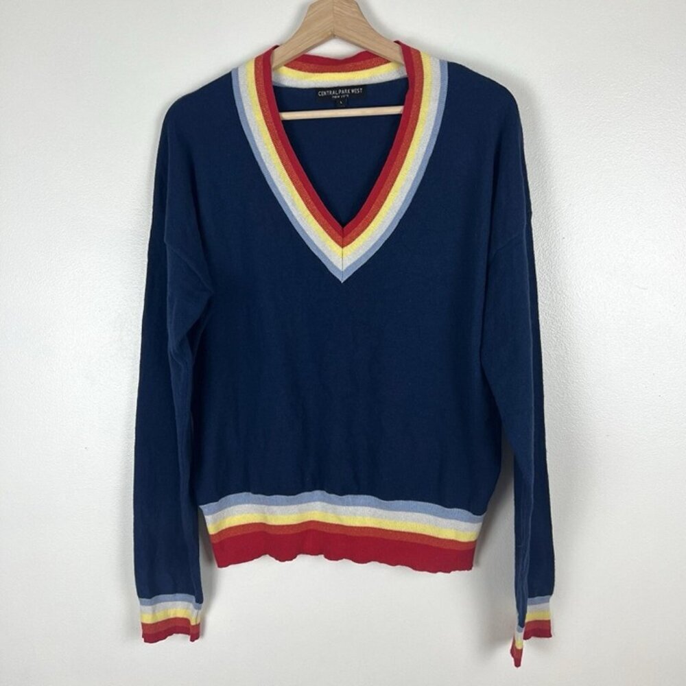 Central Park West Deep V Neck Rainbow Trim Sweater sz L Preppy Academia 90s Y2k‎